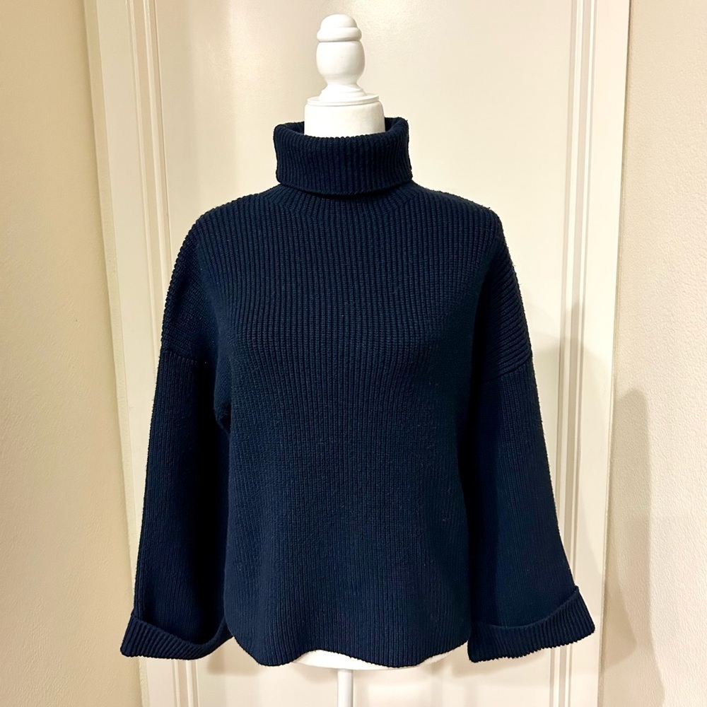 Oak + Fort turtleneck Sweater cotton blend navy sz XS oversized wide 3/4 sleeve